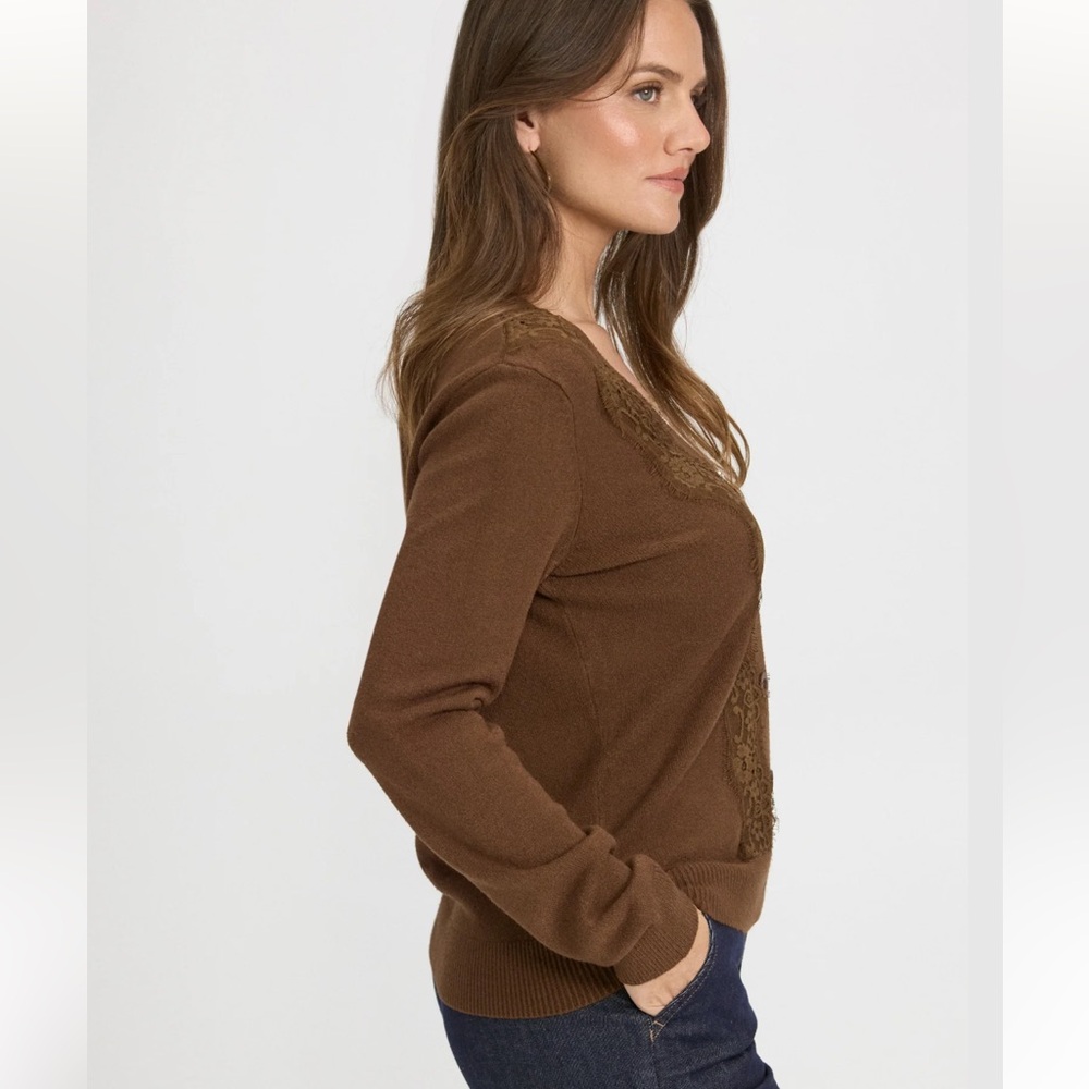 Laura Knitted Cardigan Sweater Lace Detail Coffee Brown - Picture 6 of 12